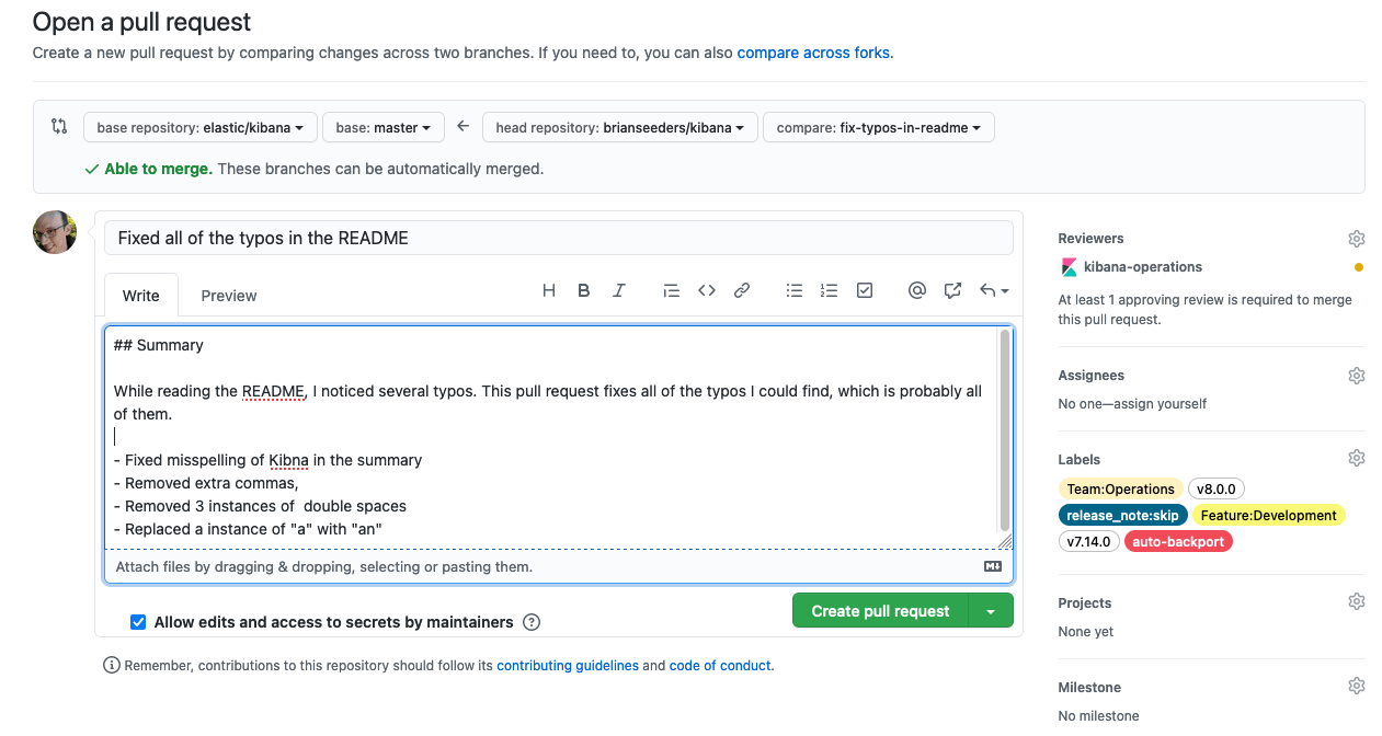 Screenshot of pull request details