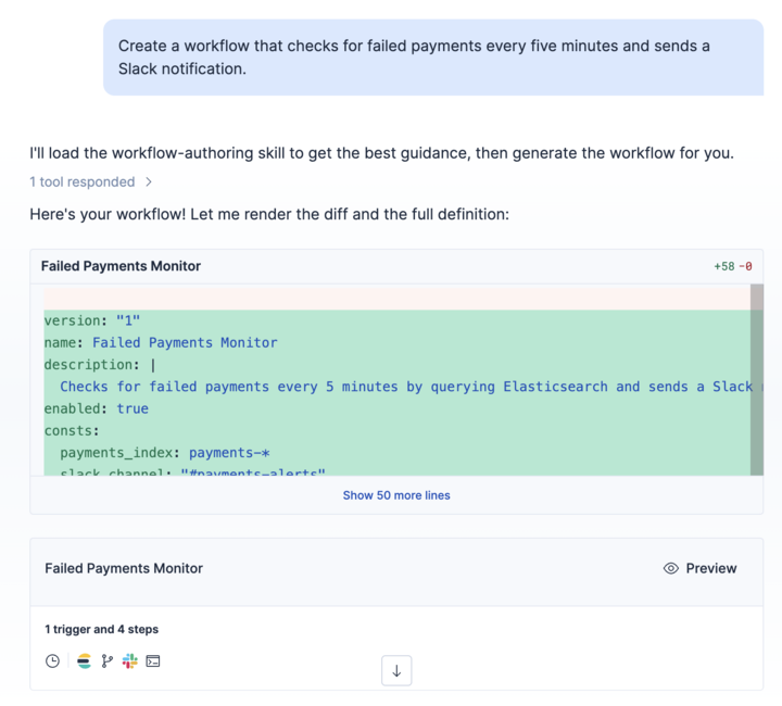 Agent Chat showing a workflow request, generated YAML diff, workflow summary, and Preview button