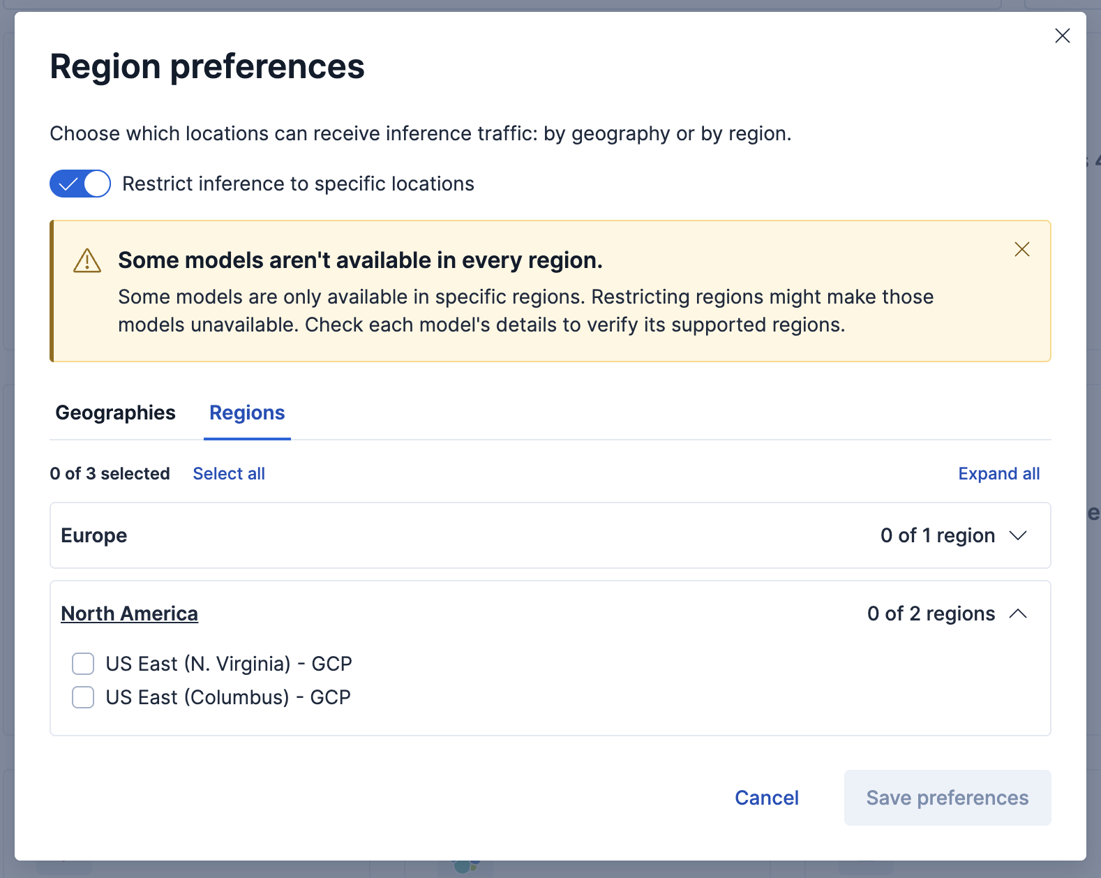 Region preferences dialog with Restrict inference to specific locations turned on and the Geographies tab open