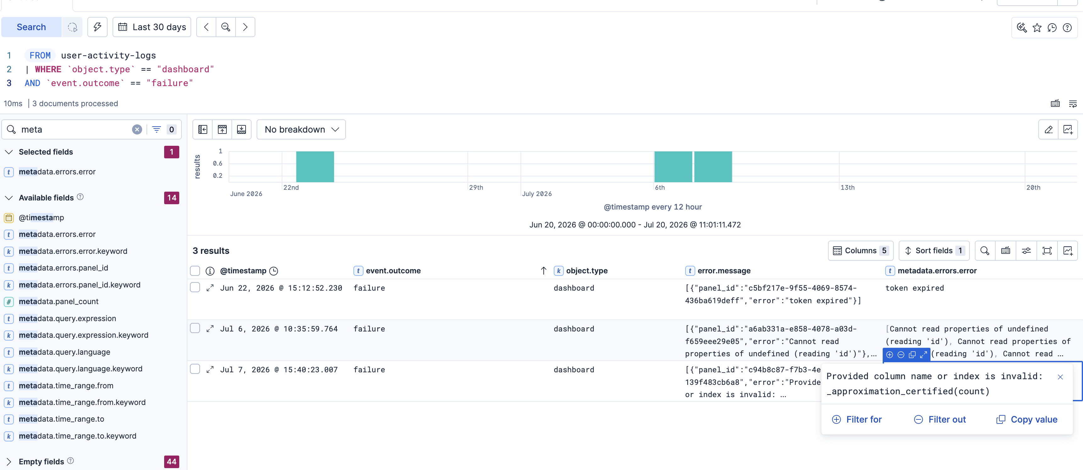 Discover results for dashboard refresh events with blocking panel errors