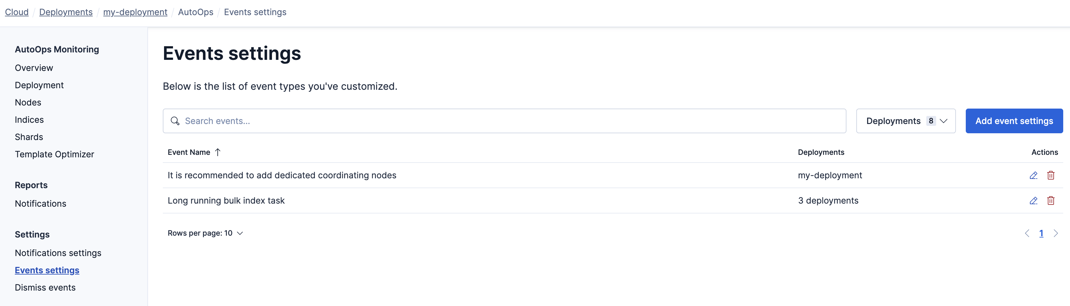 Screenshot showing the Events settings page with the Add event settings button
