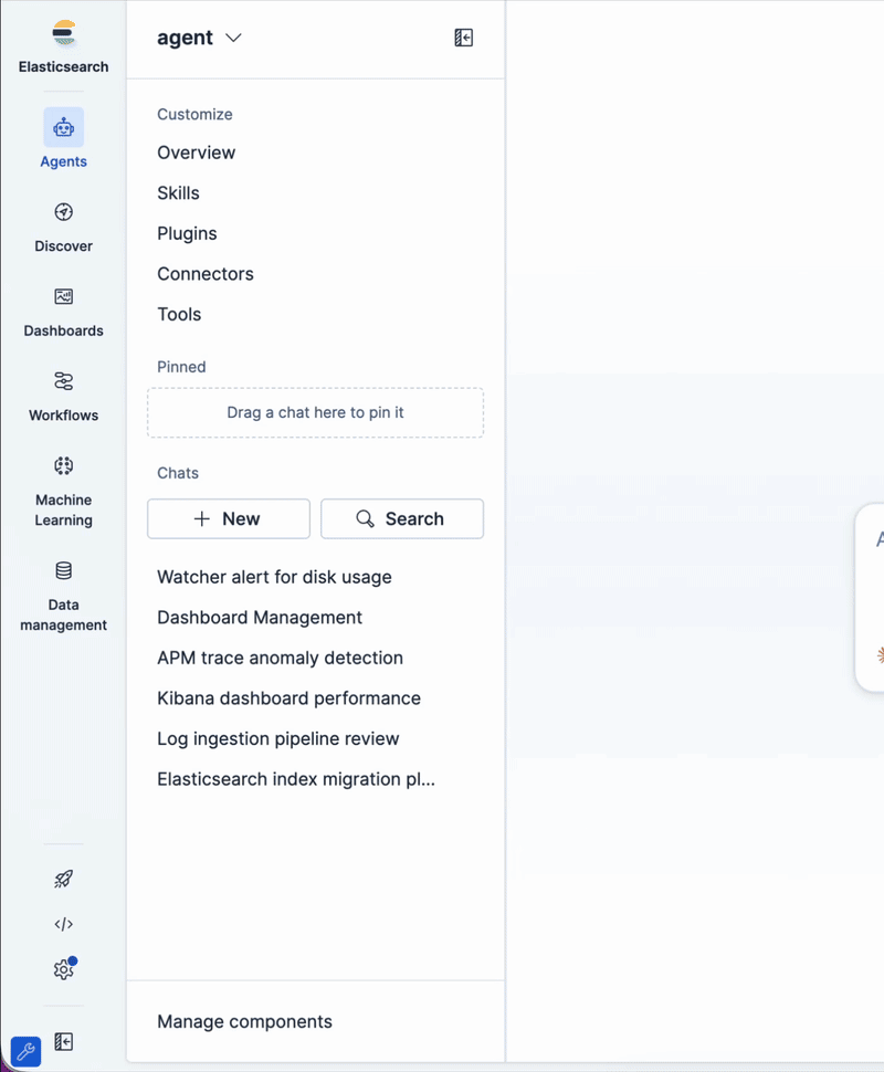 Animated Agent Builder sidebar showing a conversation dragged from Chats to Pinned and the Unpin action in the conversation menu