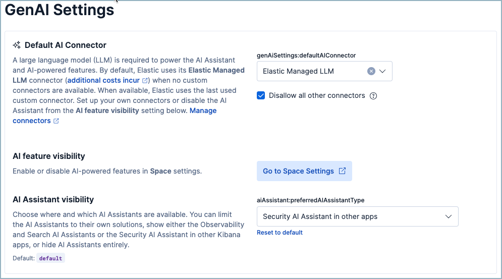 GenAI Settings page for Stack in 9.2 and 9.3