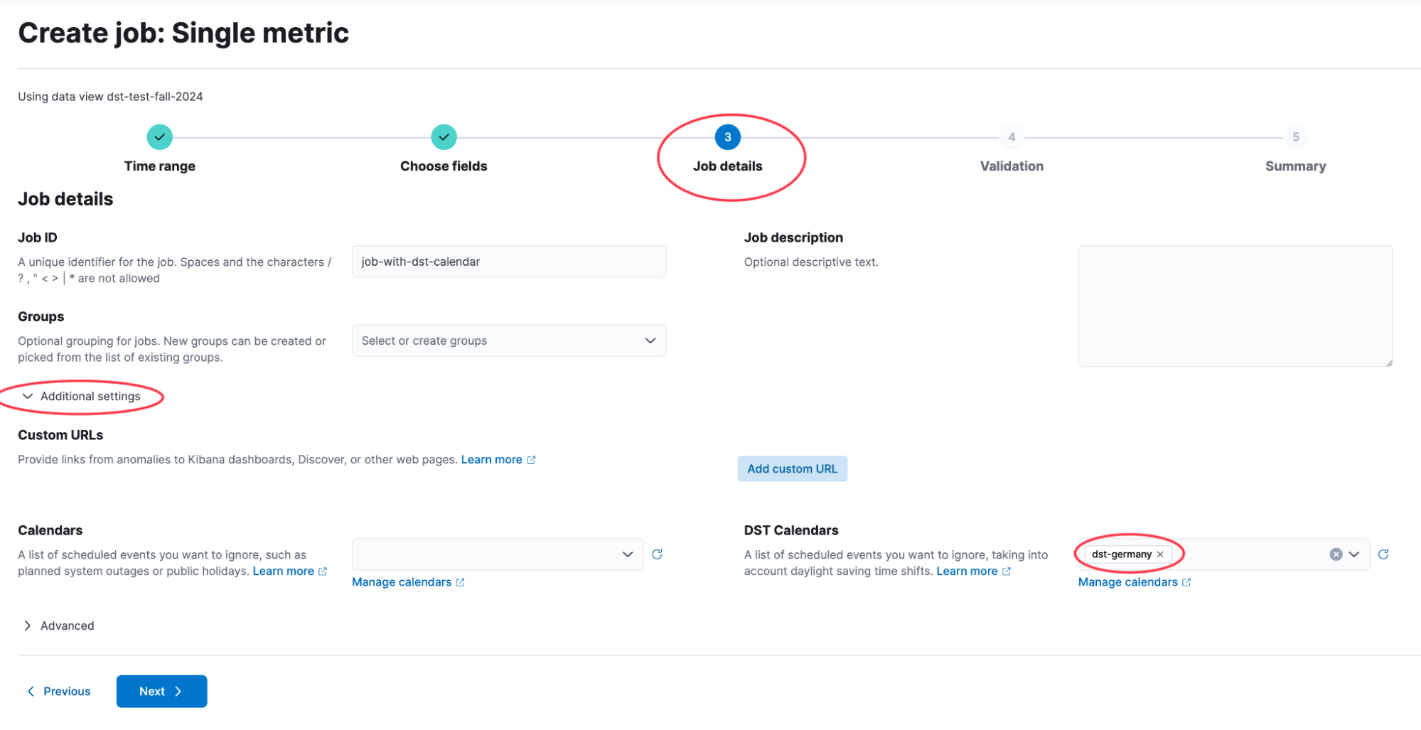 The Additional settings section of the Job details step, showing separate Calendars and DST Calendars fields