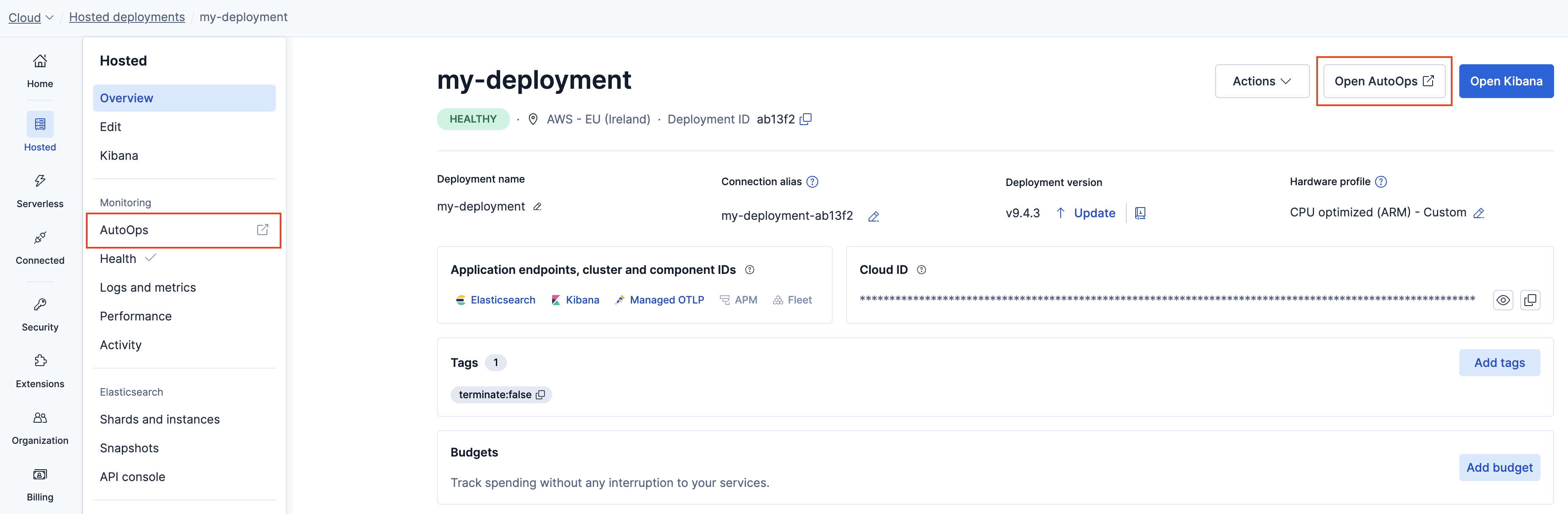 Screenshot showing the Open AutoOps button on the deployment overview page