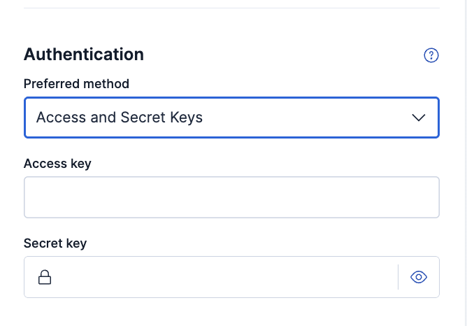 The Authentication section of the Connect data source flyout with Access and Secret Keys selected, showing the access key and secret key fields