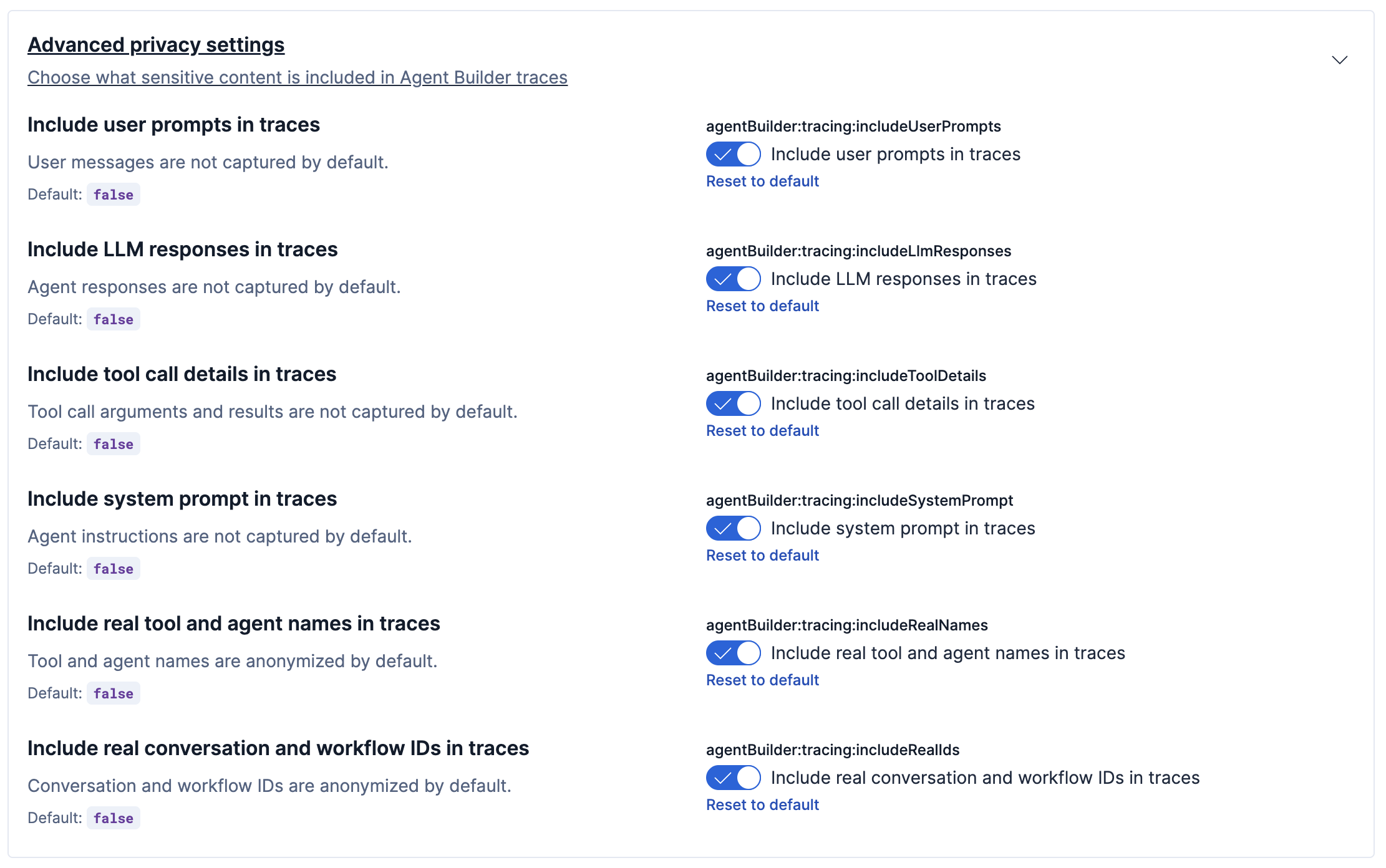 The expanded Advanced privacy settings, showing six toggles for including sensitive content in traces, all turned off