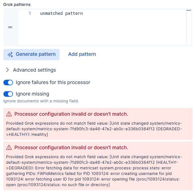 Process editor displaying failure warnings at the bottom of the editor