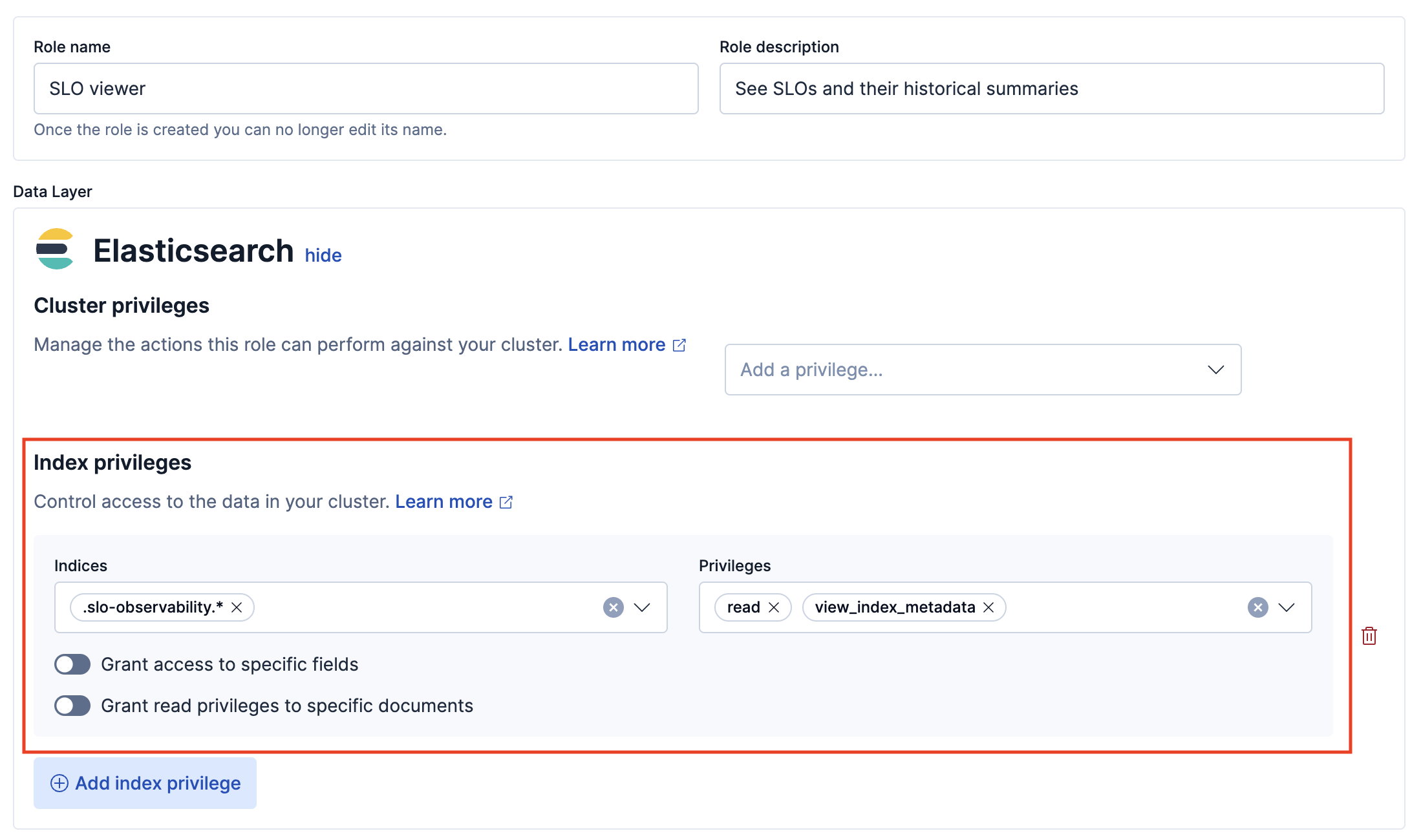 Index privileges for SLO Viewer role
