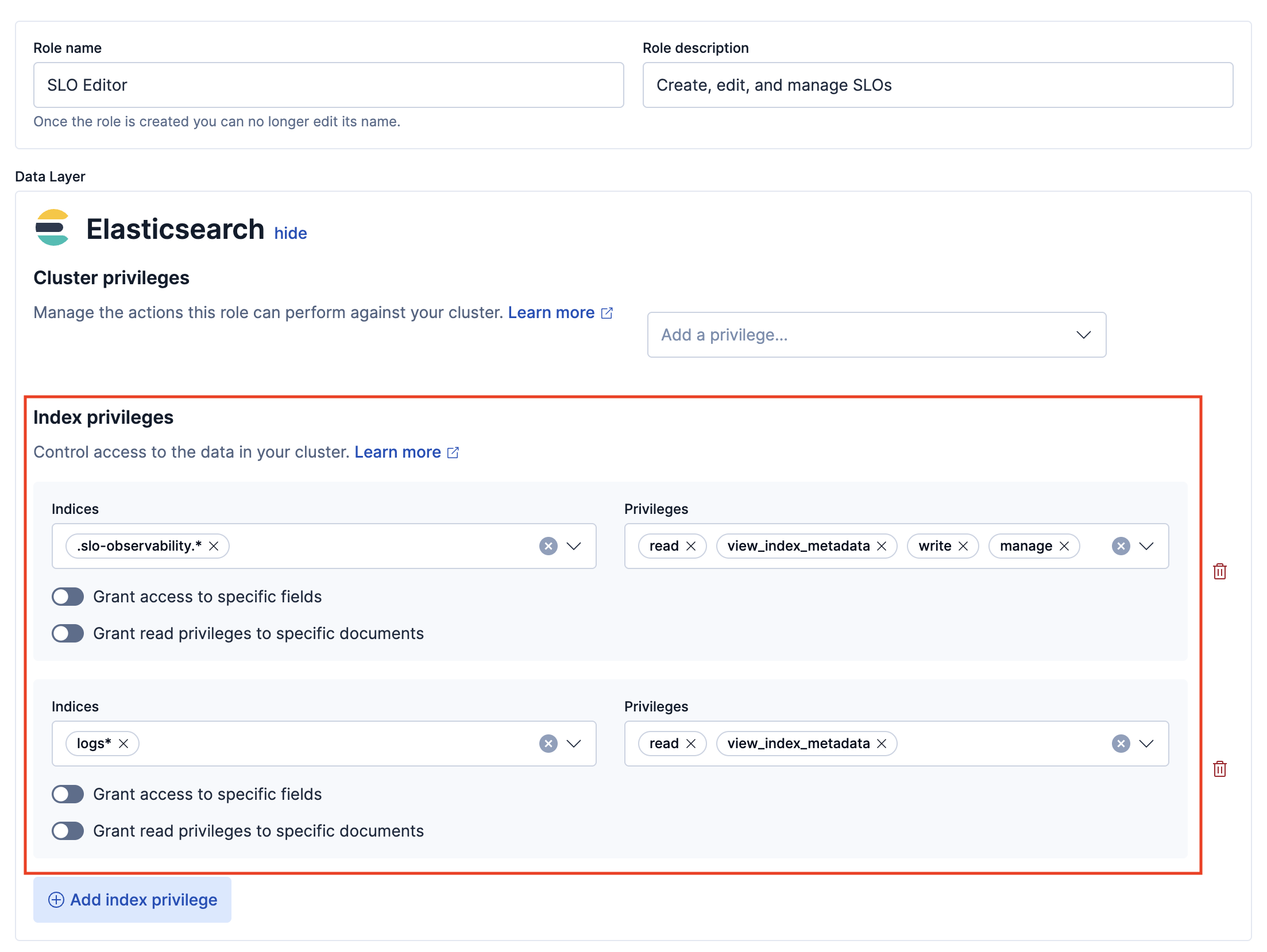 Cluster and index privileges for SLO Editor role