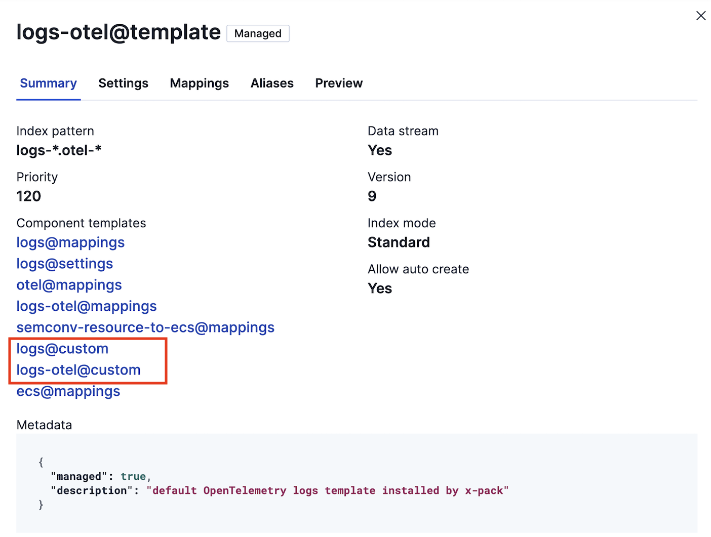 A screenshot showing the logs@custom and logs-otel@custom component templates associated with the logs-otel@template index template.