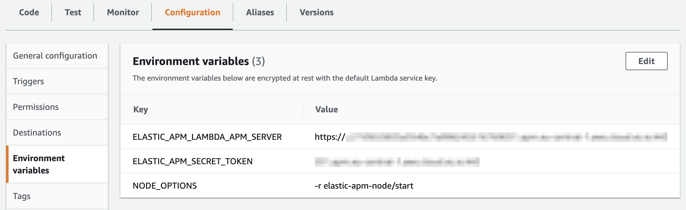 Node.js environment variables configuration section in AWS Console Node.js environment variables configuration section in AWS Console