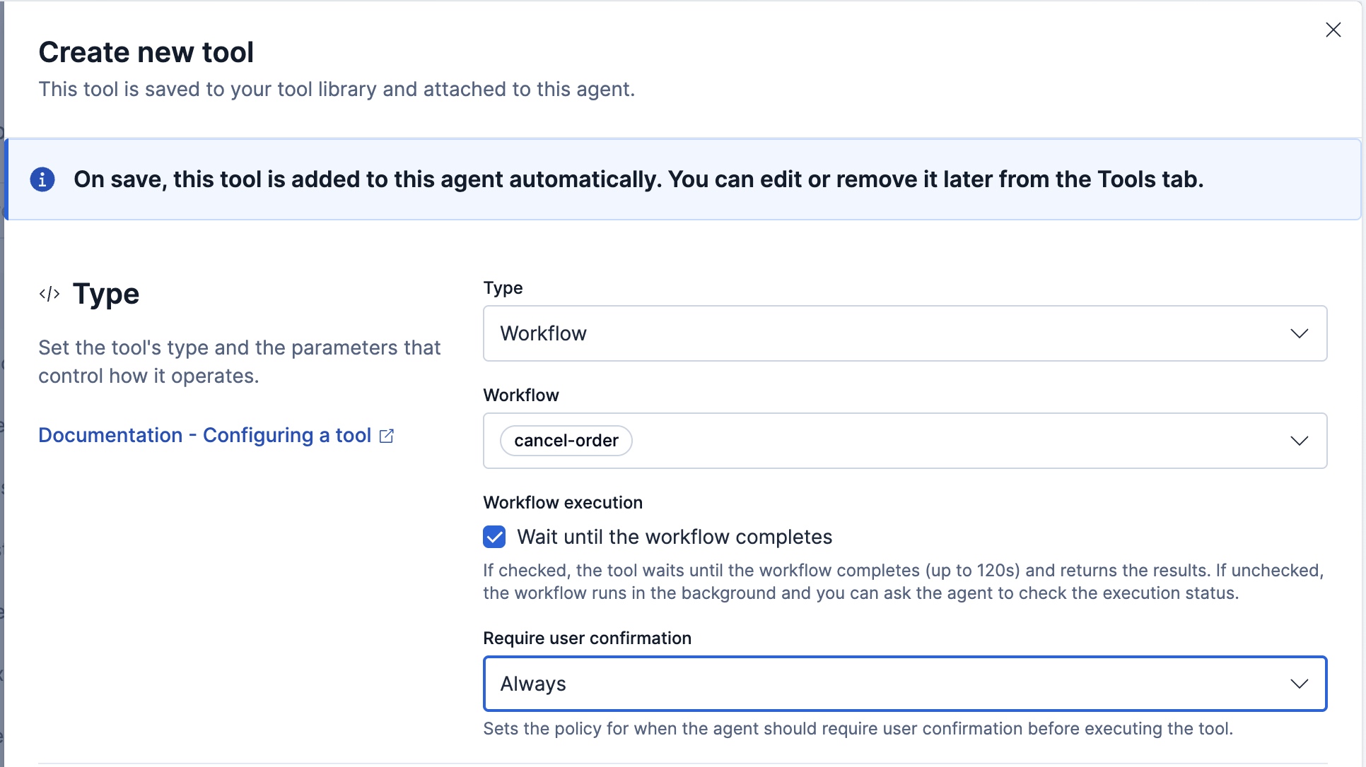 Screenshot of creating a new workflow tool.