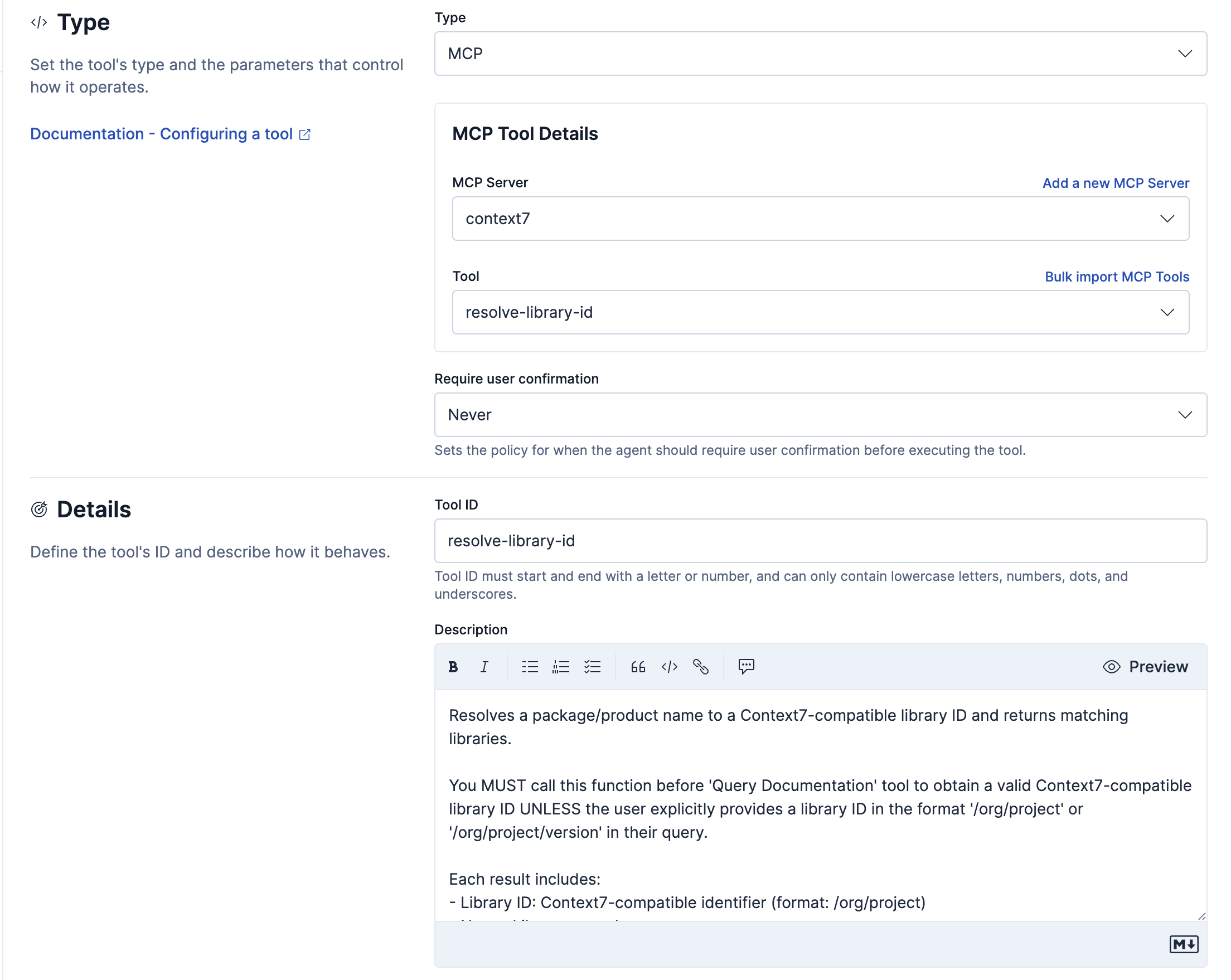 Example configuration for a new MCP tool with the Context7 MCP server, including the Require user confirmation policy set to Never.