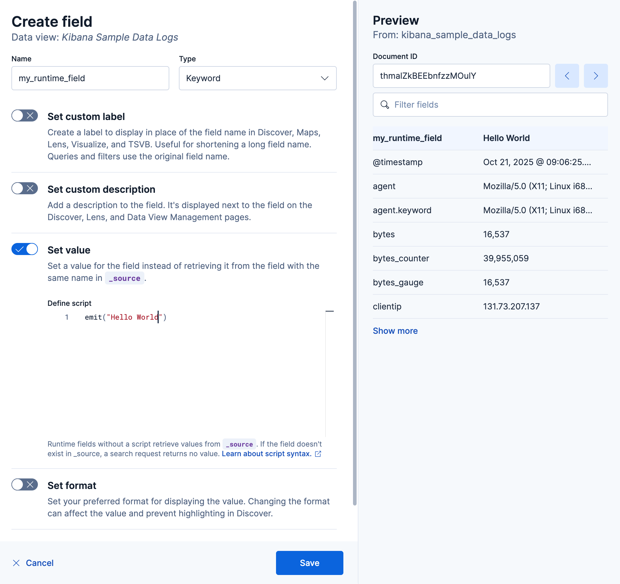 Create field flyout with a keyword runtime field that emits Hello World