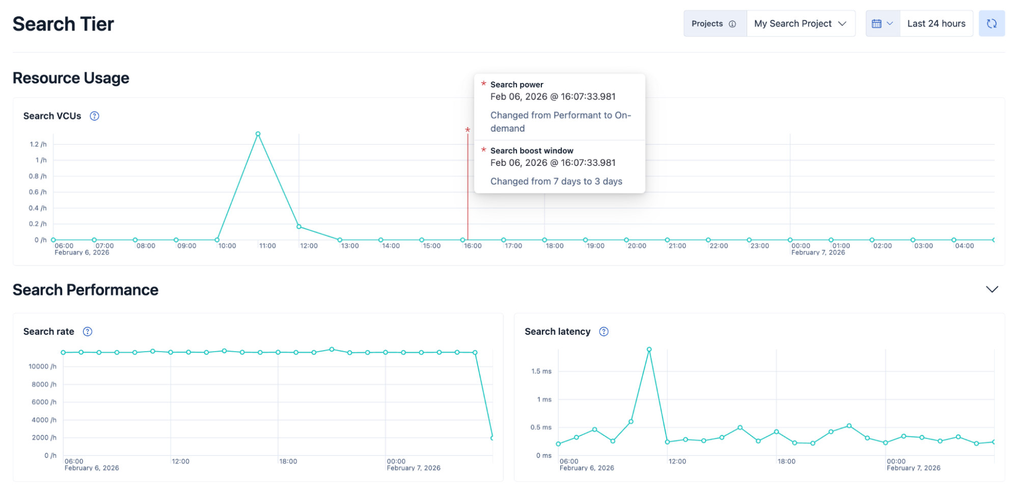 Screenshot showing the features in the top half of the Search Tier page for an Elasticsearch Serverless project