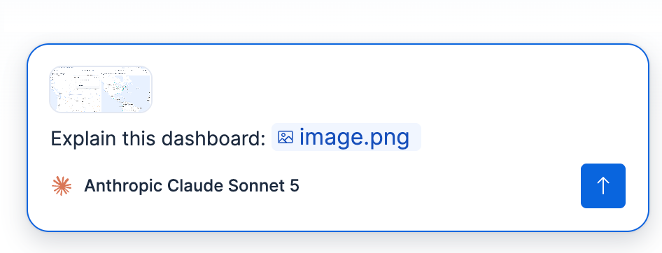 Chat input with an image thumbnail attached, a file chip in the message text, and the model selector below