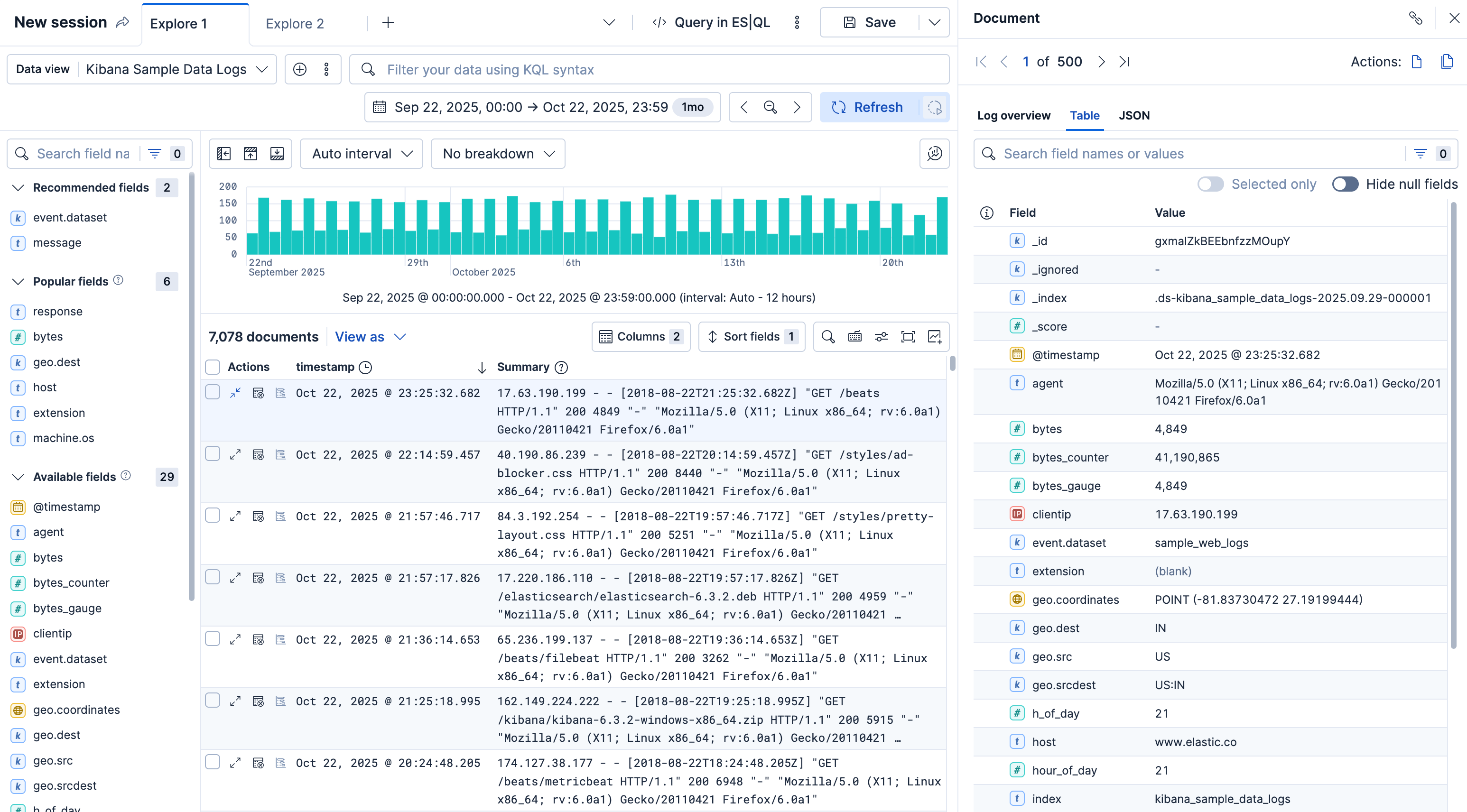 Table view with document expanded