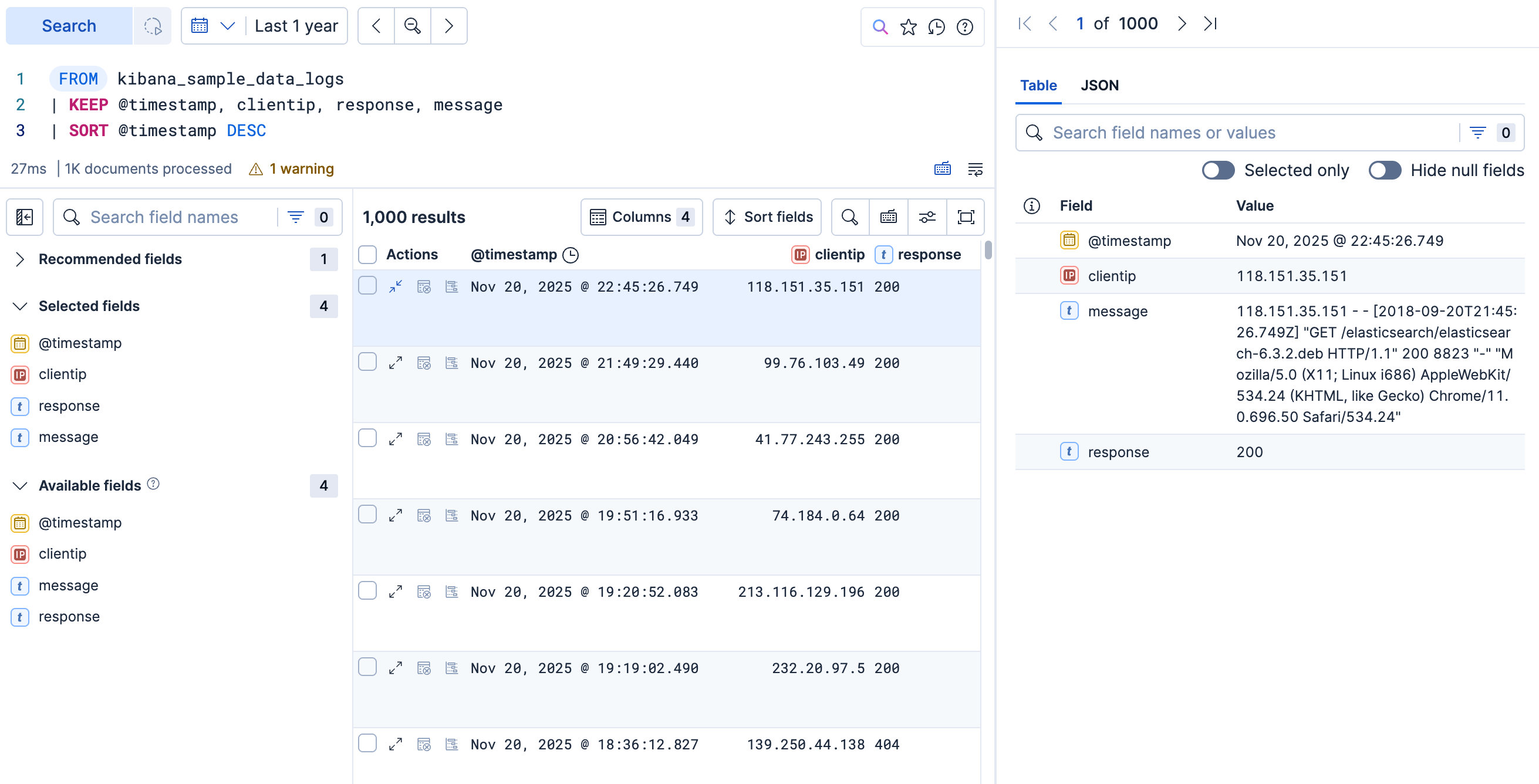 Document viewer flyout showing all fields for a single web log entry