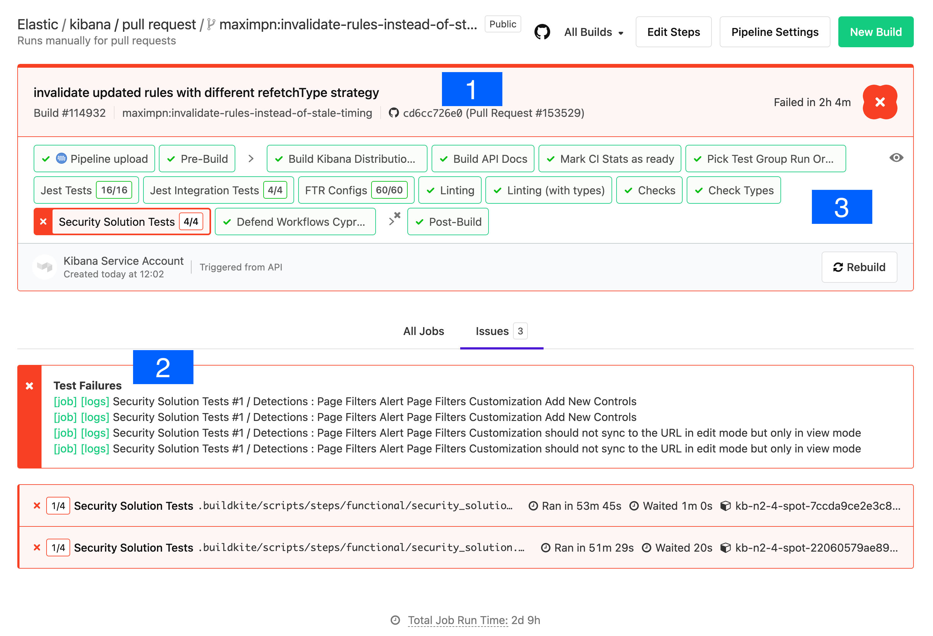 Buildkite pipeline view showing a few test failures