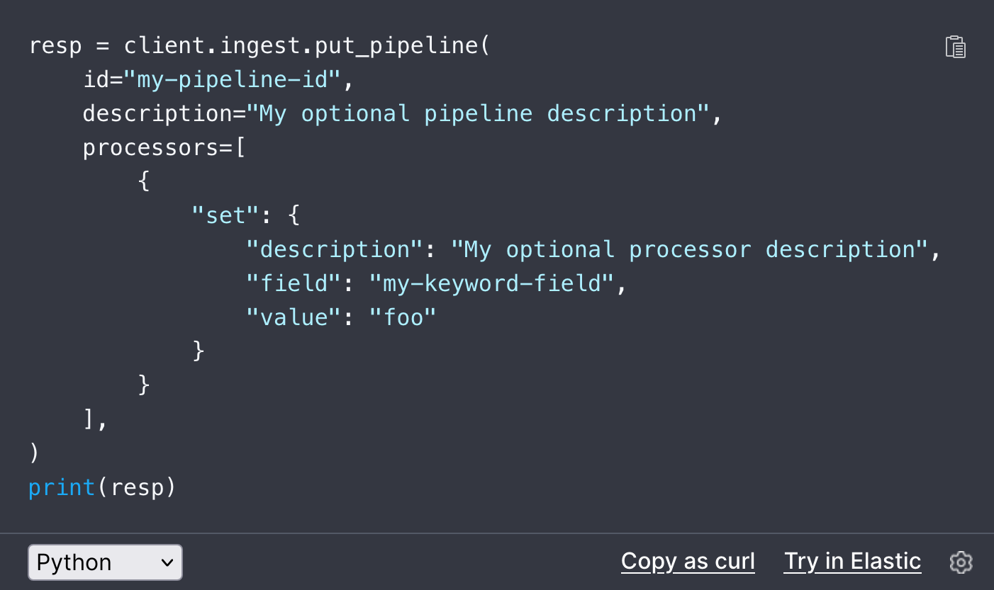 Python code example in the Elasticsearch guide Python code example in the Elasticsearch guide