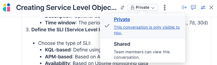 AI Assistant chat with the sharing status dropdown open