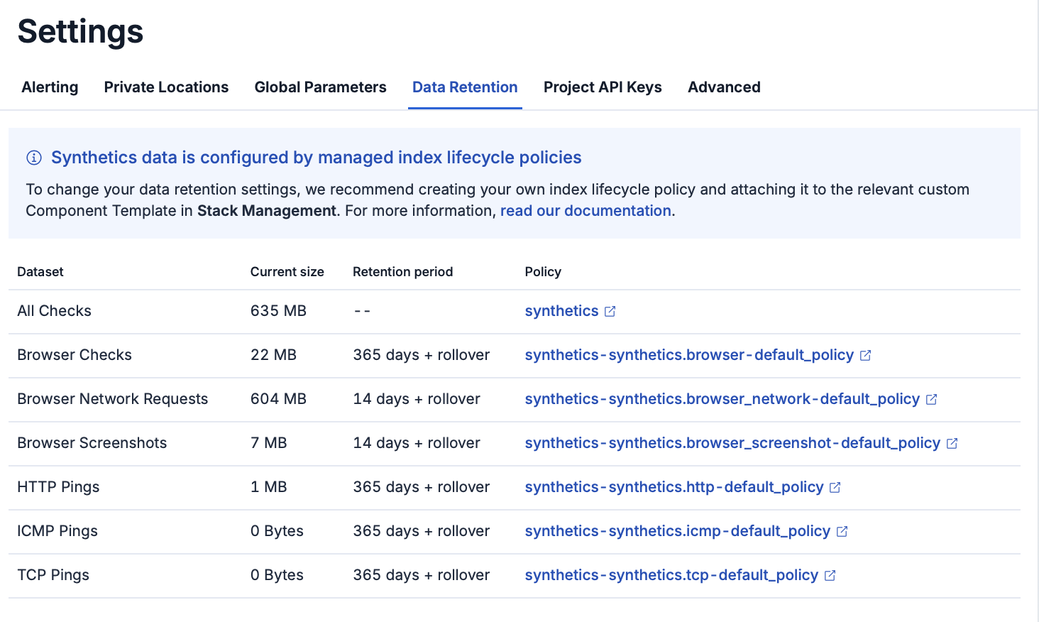 Data retention tab on the Synthetics Settings page in Kibana