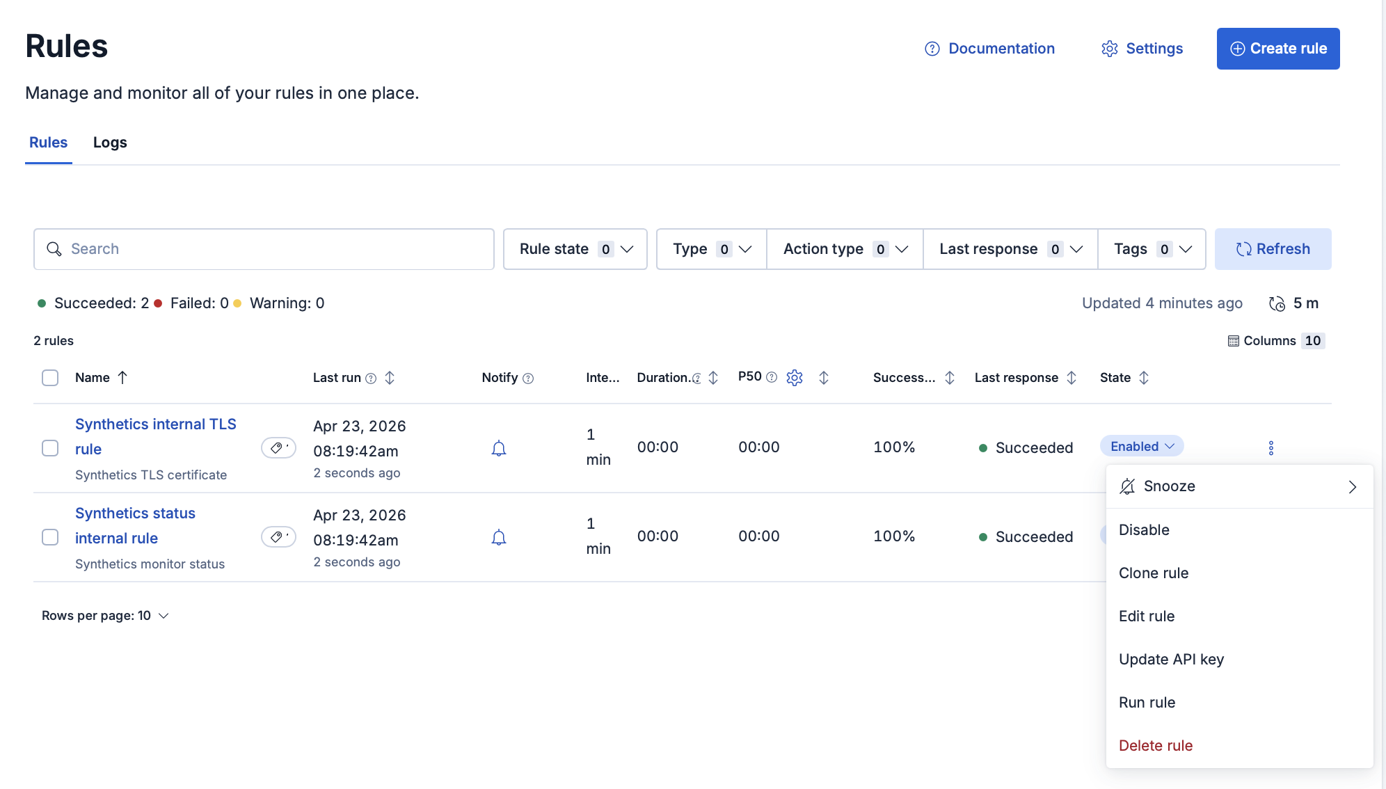 Rules page with default Synthetics rules