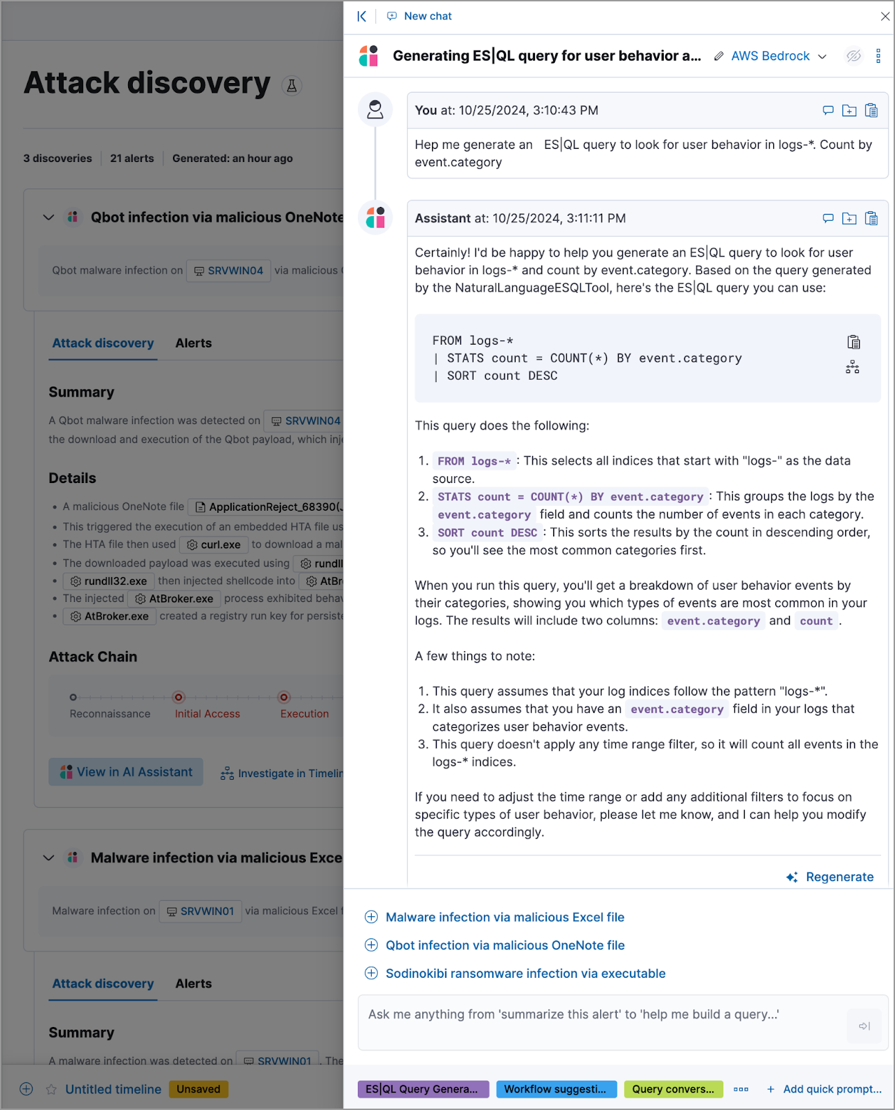 An AI Assistant dialogue in which the user asks for a purpose-built ES|QL query