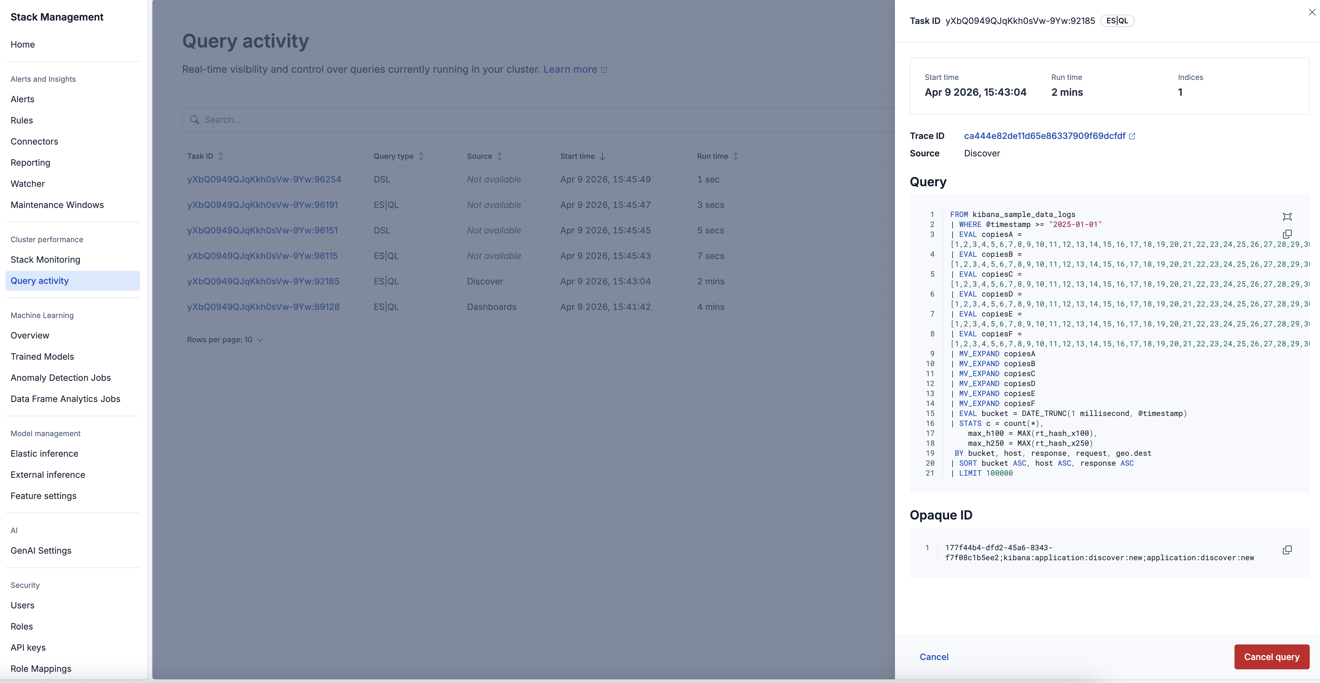 The query details flyout showing the task ID, query type, start time, runtime, indices count, trace ID, source, and full query text