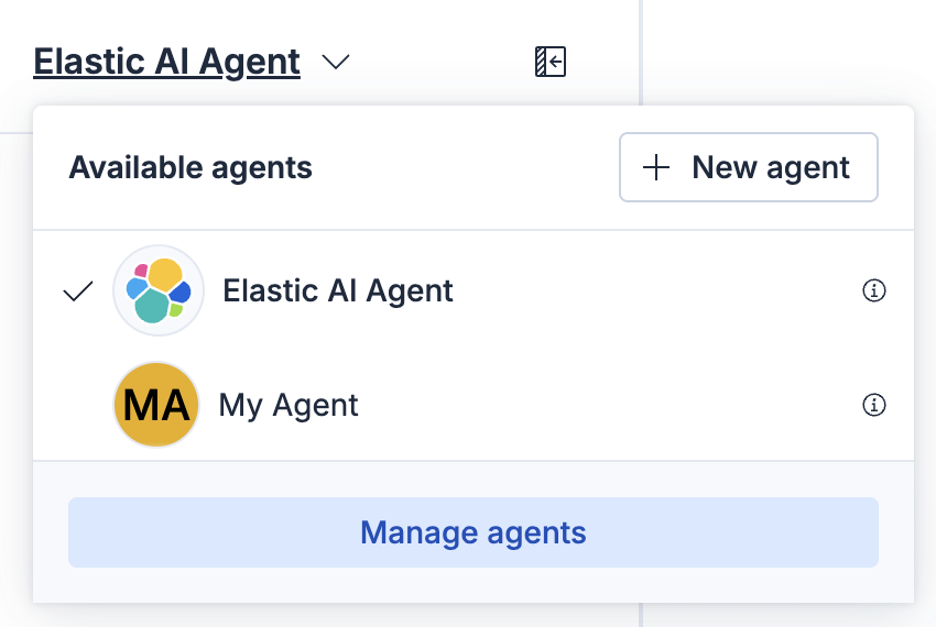 Agent selector dropdown showing available agents with options to create or manage agents