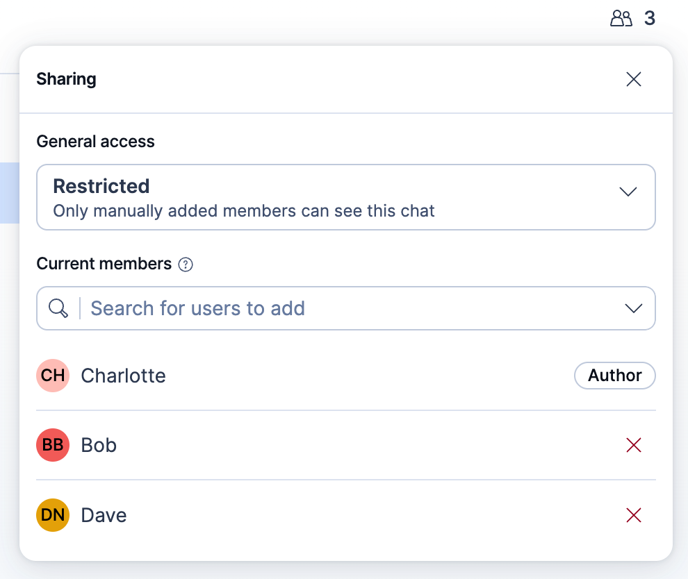 Sharing popover with General access set to Restricted, the owner listed as Author, and two members under Current members