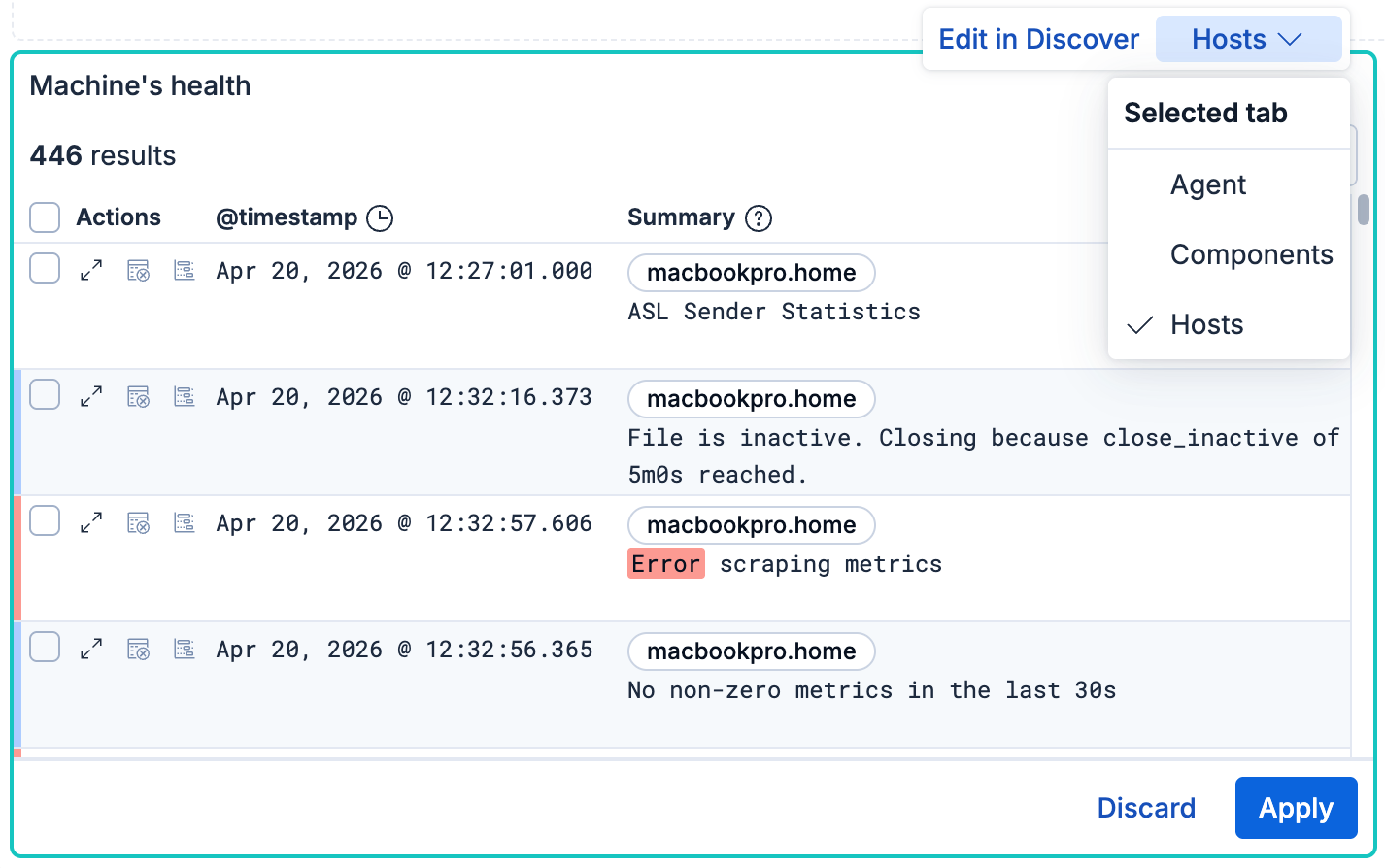 Tab selector showing the list of available tabs for a Discover session panel