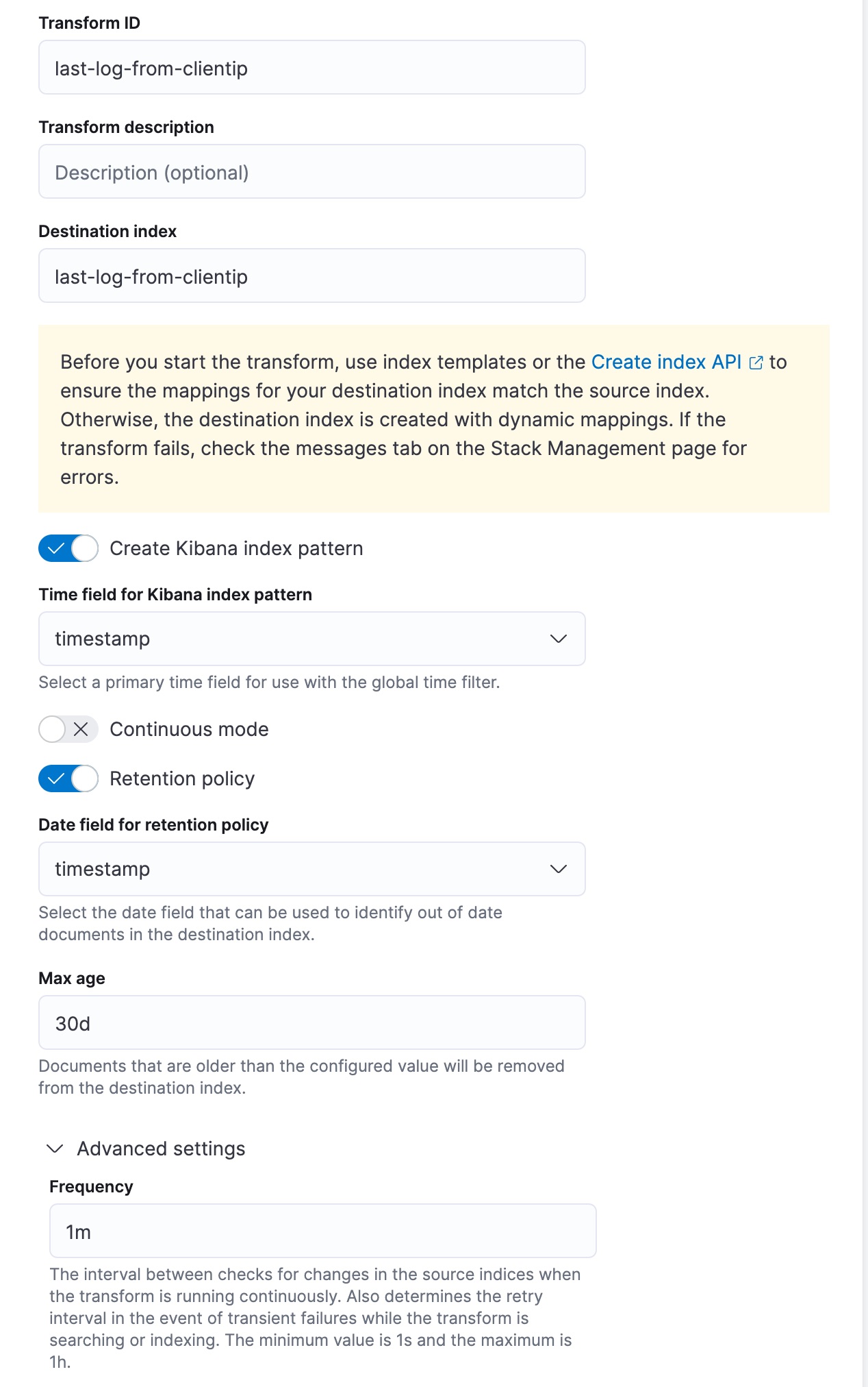 Defining retention policy for transforms in Kibana
