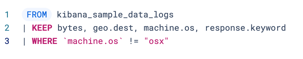 An ES|QL query with a WHERE clause that excludes osx from machine.os.