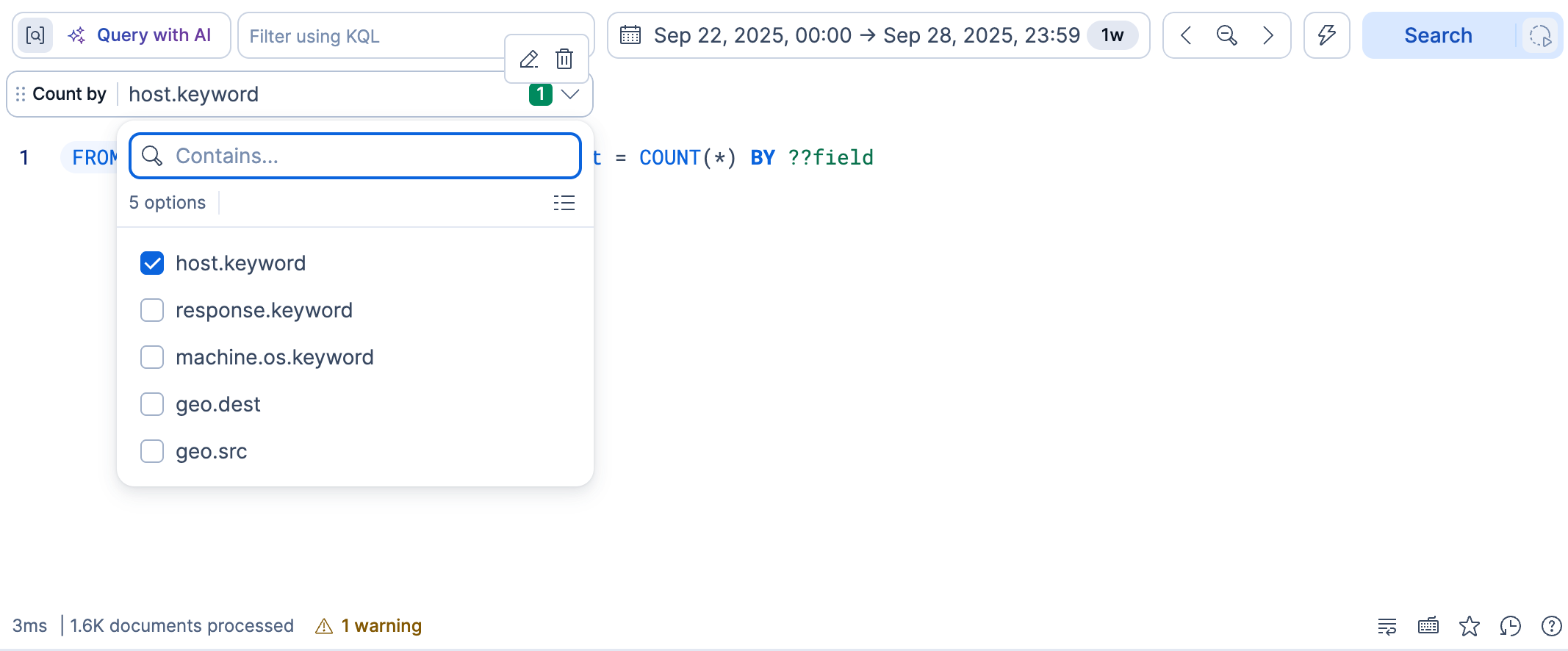 A Count by control set to host.keyword in Discover, with its list of fields open.