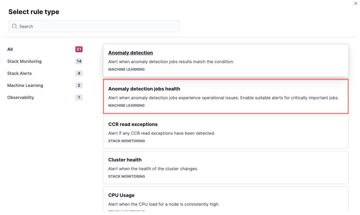 Selecting Anomaly detection jobs health rules type