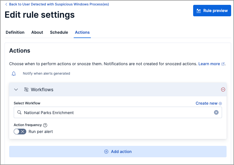 Detection rule settings showing a workflow selected as an action