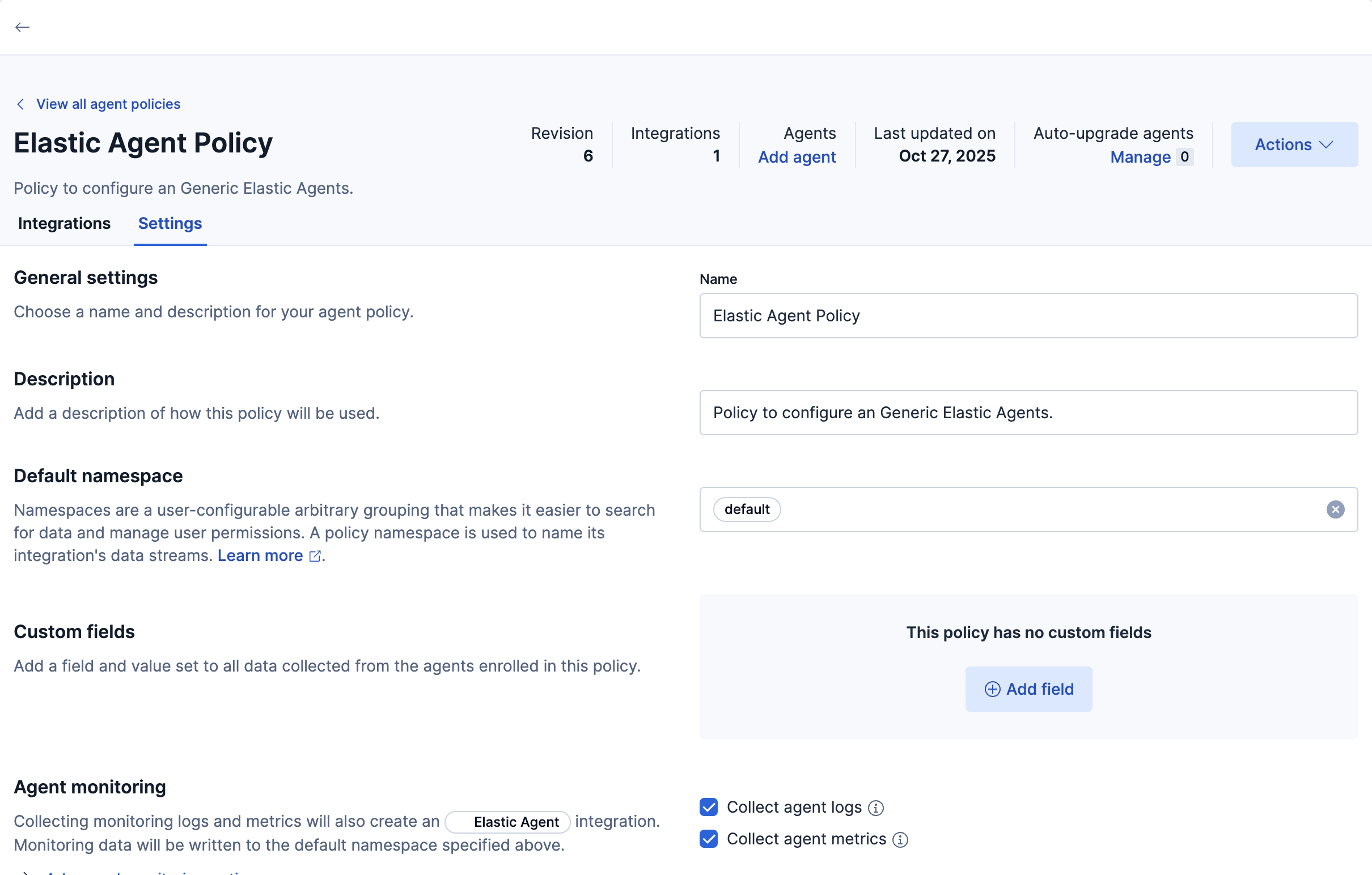 Screen capture of agent monitoring settings in an agent policy