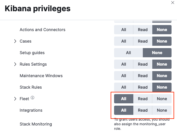 Kibana privileges flyout showing Fleet and Integrations access set to All