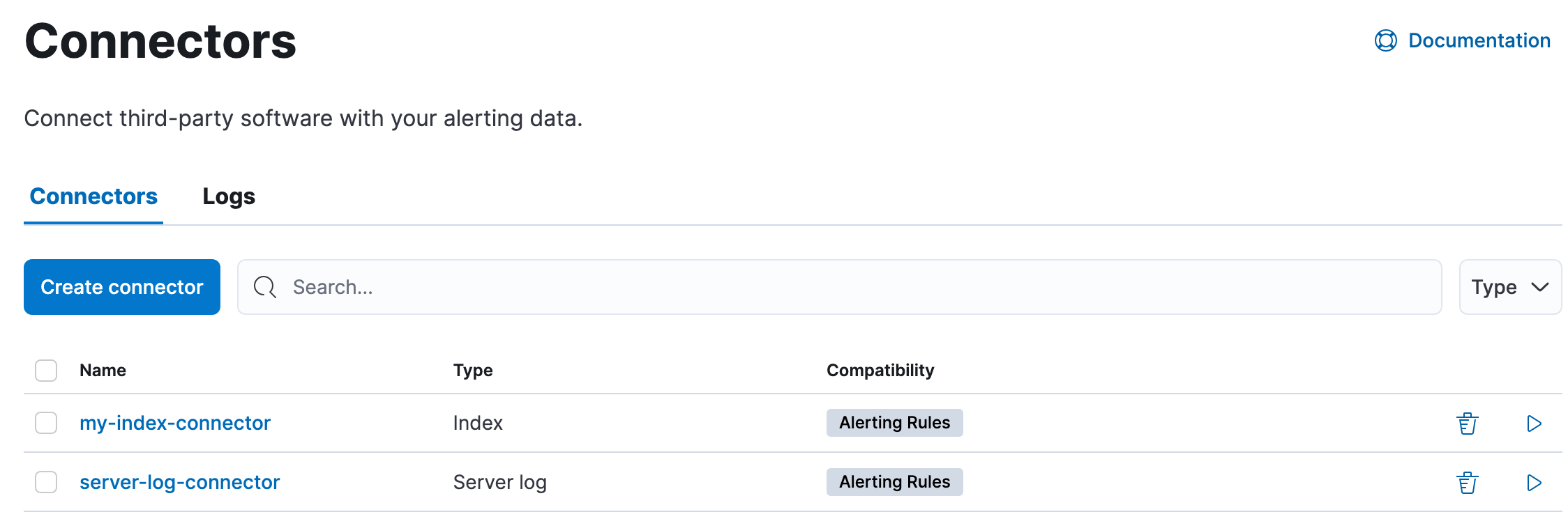 Example connector listing in the Rules UI