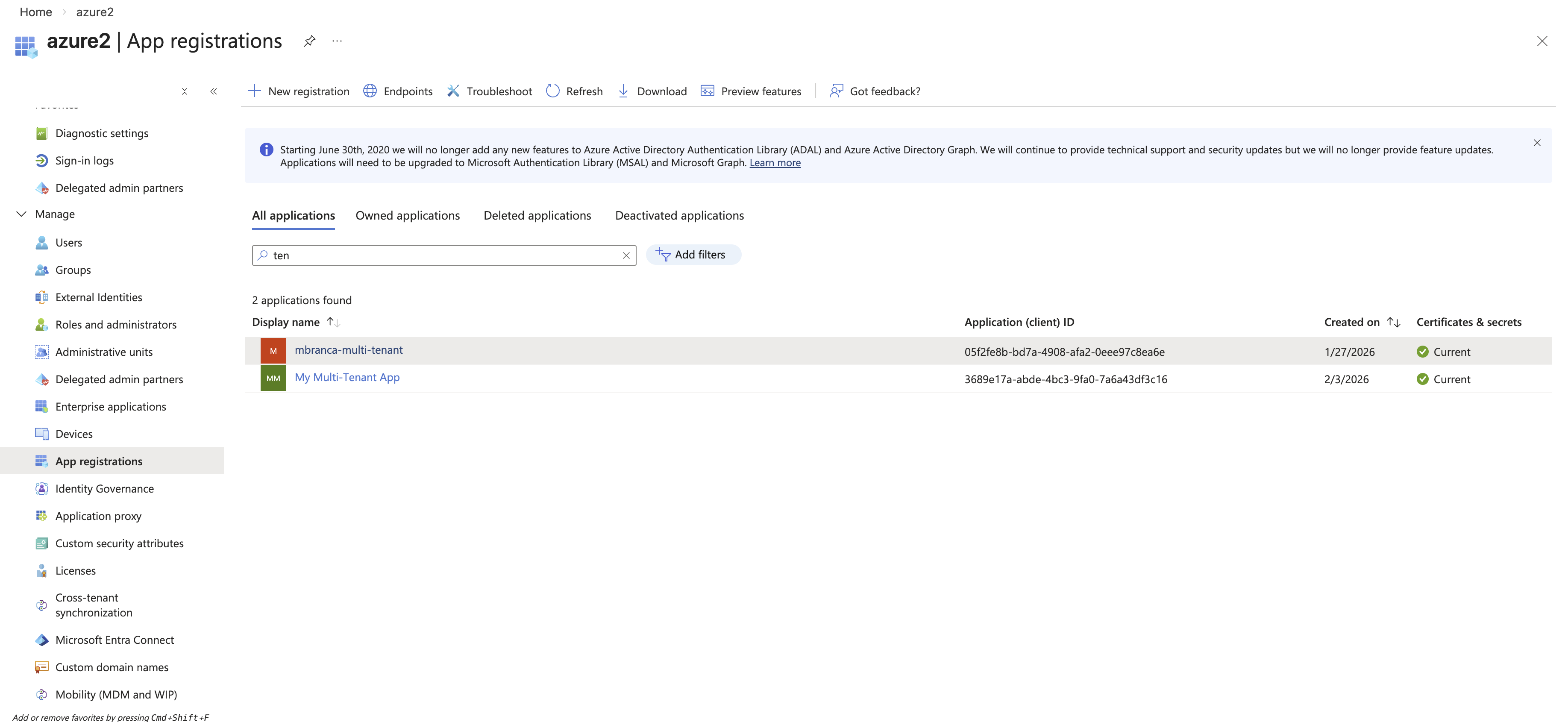 Azure Portal showing multi-tenant app registration