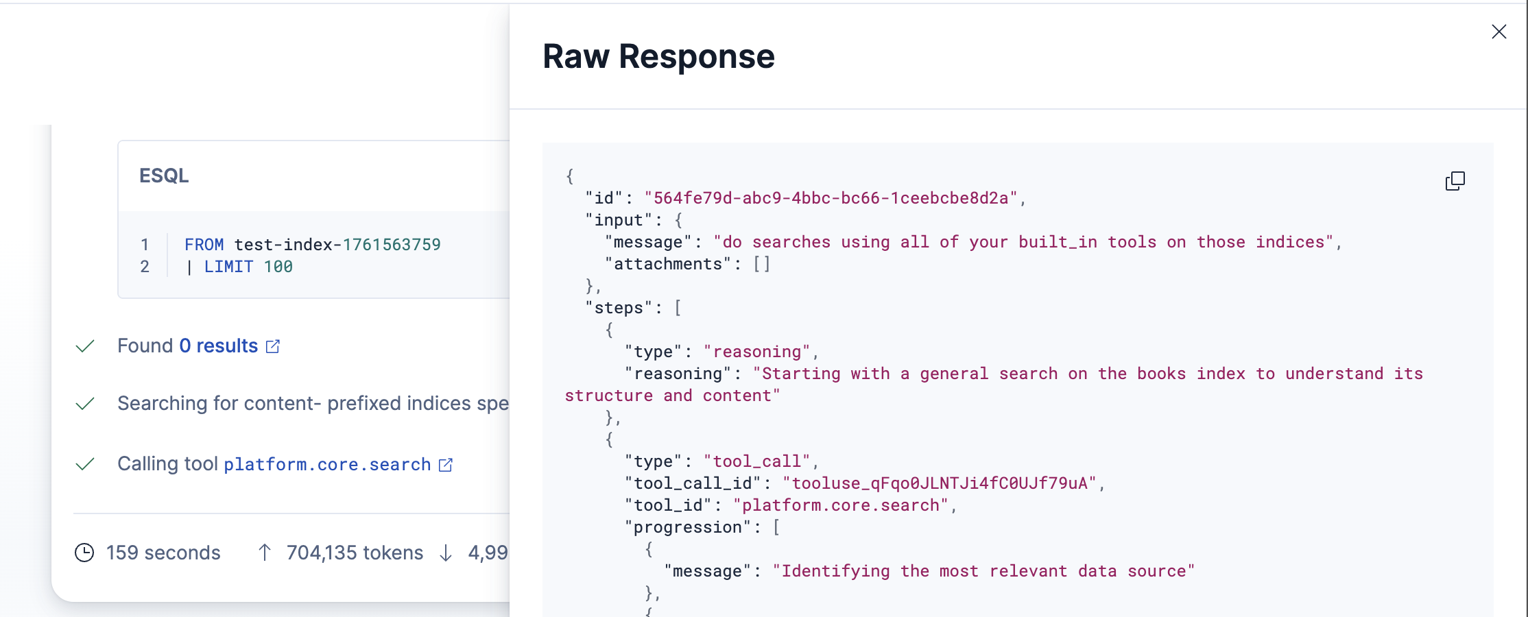 Screenshot of the JSON raw response modal