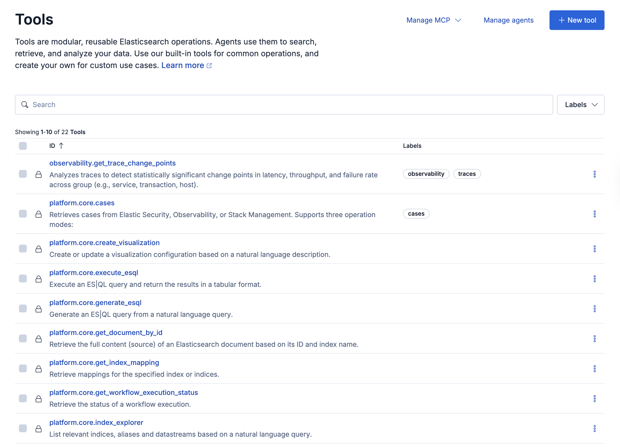 Tools landing page showing the list of available tools with their descriptions and actions