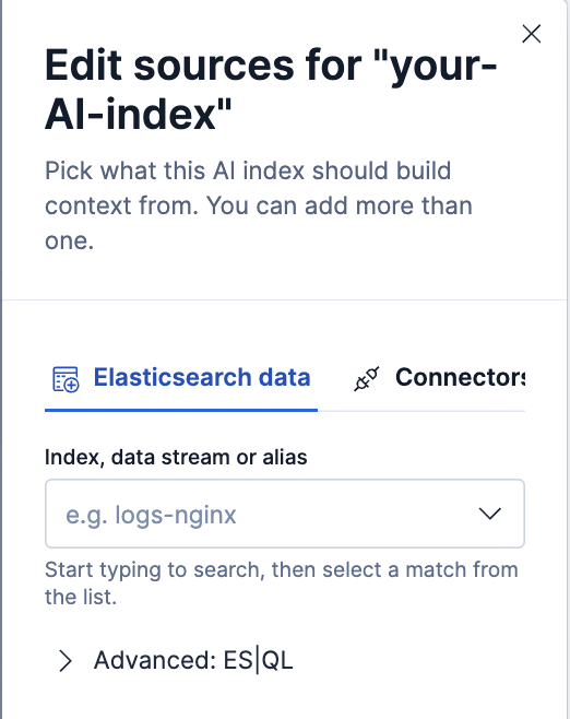 AI index source editor showing the Elasticsearch data tab, index picker, and Advanced ES|QL section