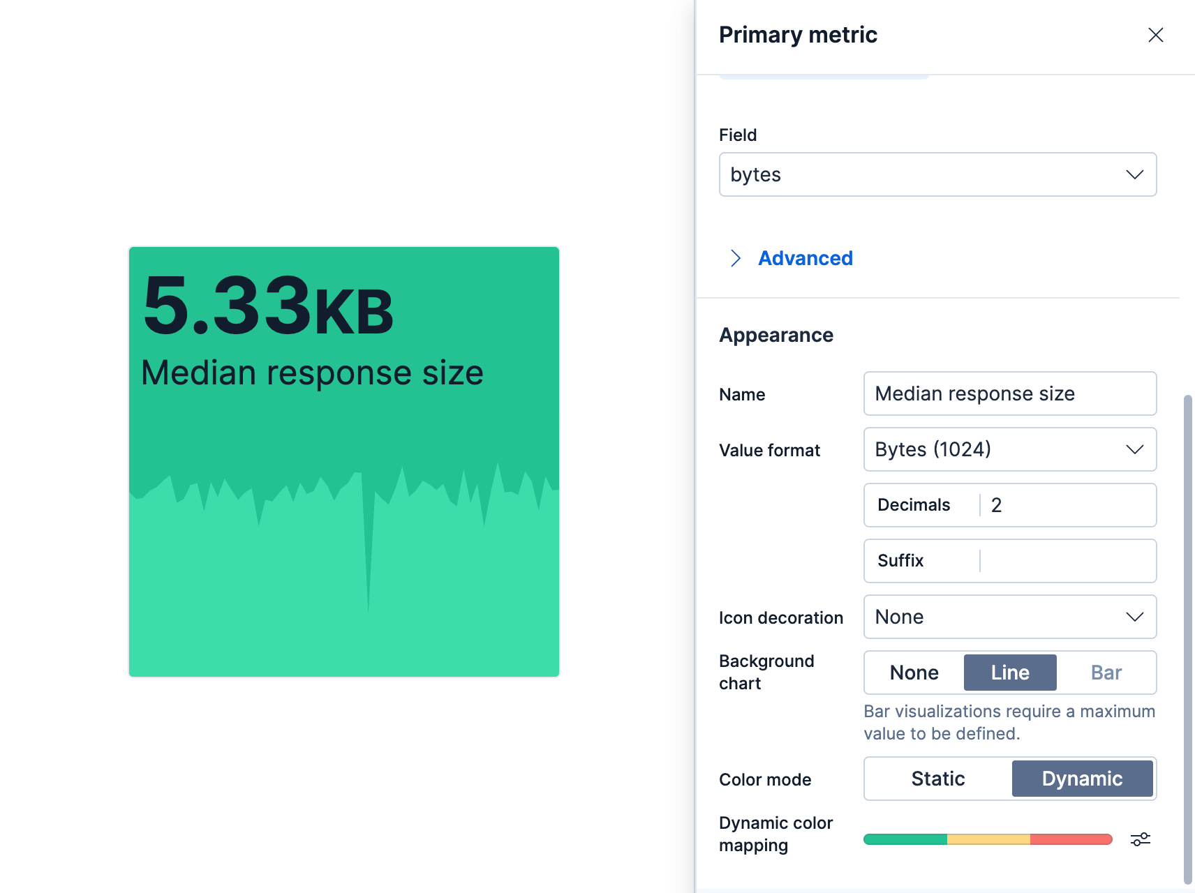 Lens editor showing a metric panel with median response size, background sparkline, and dynamic coloring