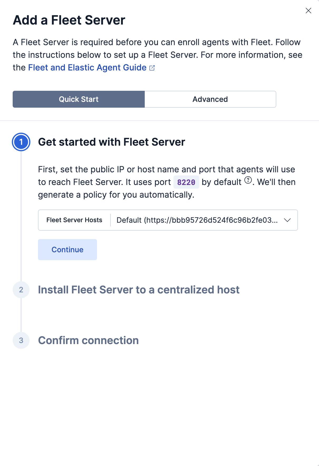 In-product instructions for adding a Fleet Server in quick start mode