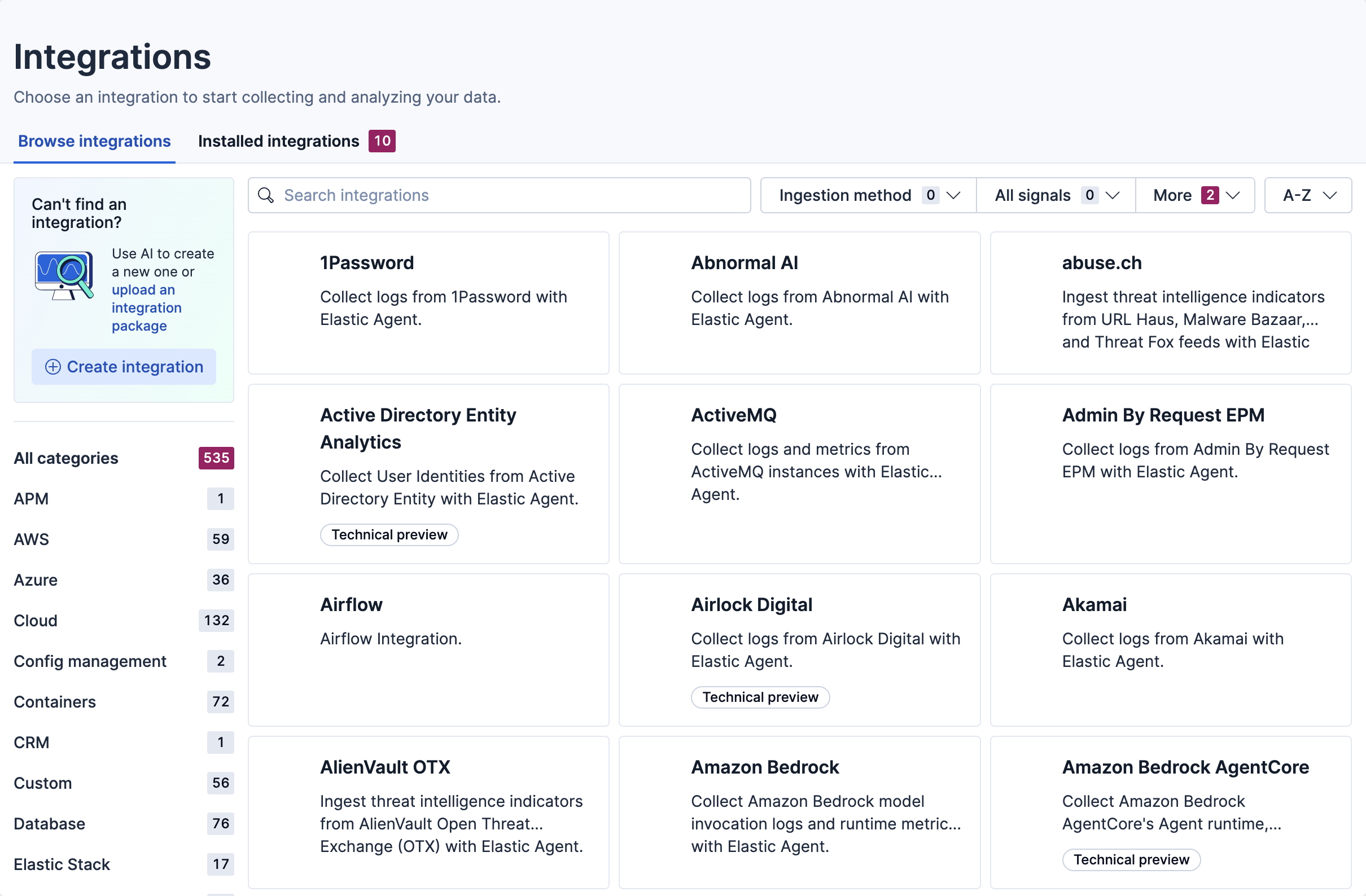 Integrations catalog with package categories and available integrations