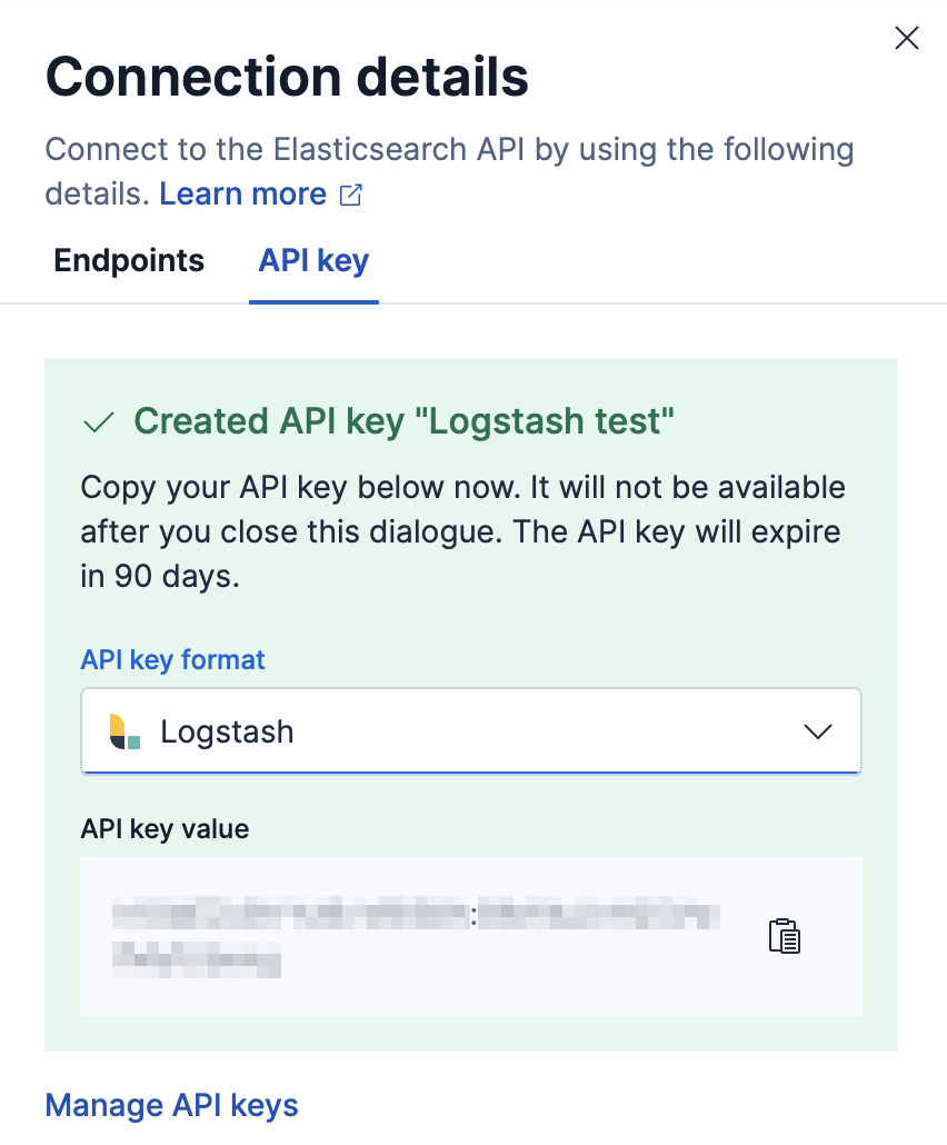 API key format dropdown set to Logstash: