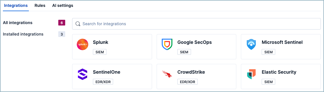 The integrations page of an EASE project